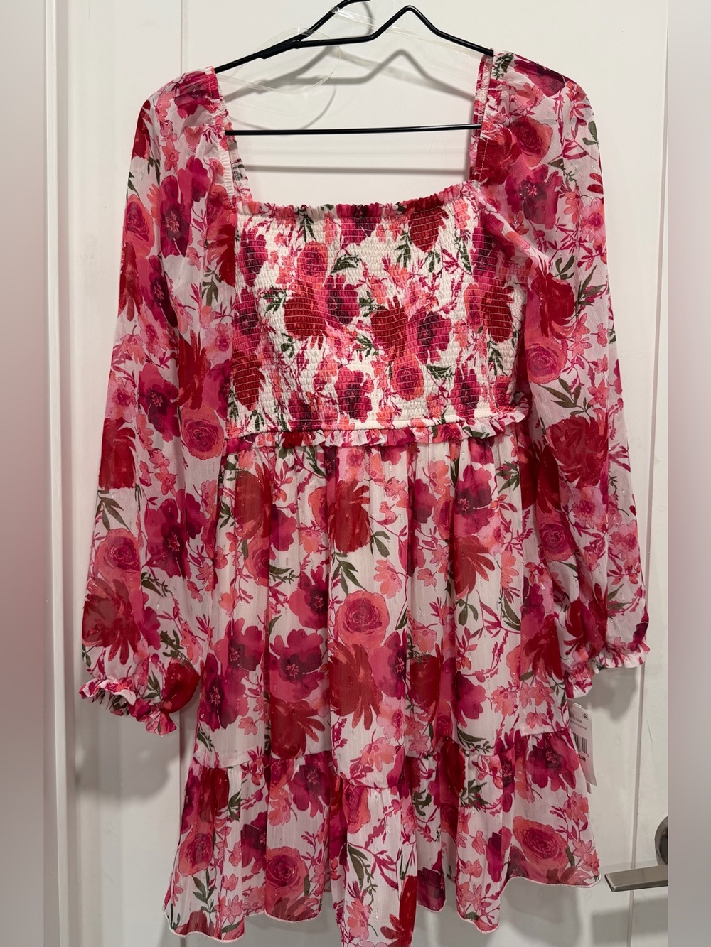Pink & Red Floral Smocked Square-Neck Dress